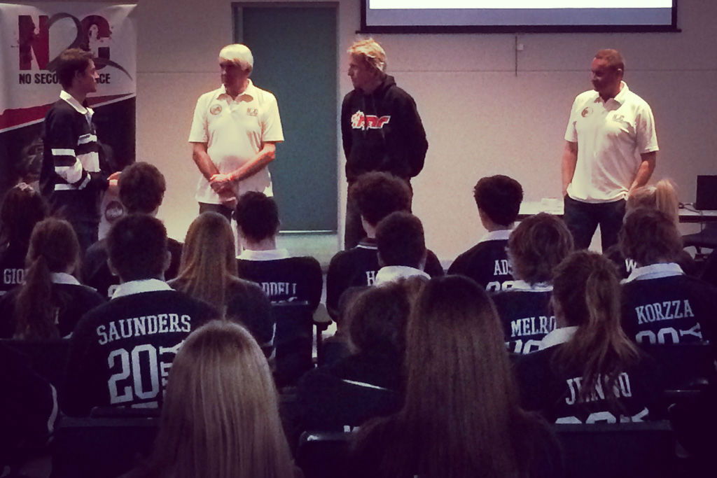 Warren Luff, Paul Stanley and Adny McElrea talk to students at Benalla College