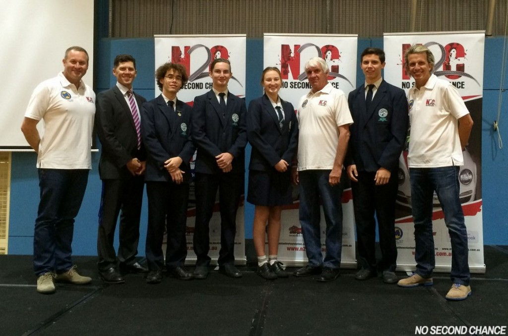 Warren Luff, Paul Stanley and Andy McElrea talk to students at Victoria Point SHS