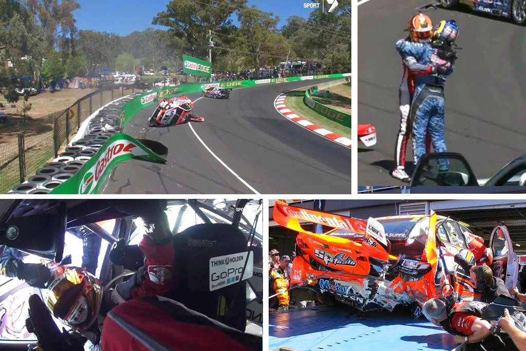 Warren Luff and Craig Lowndes in one of the most memorable displays of sportsmanship in Australian Motorsport after their accident during practice.