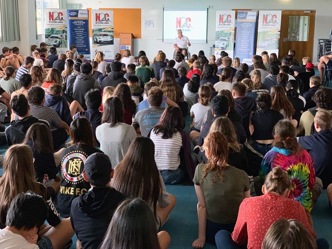 Matt Speakman talks with the students at Darwin High School