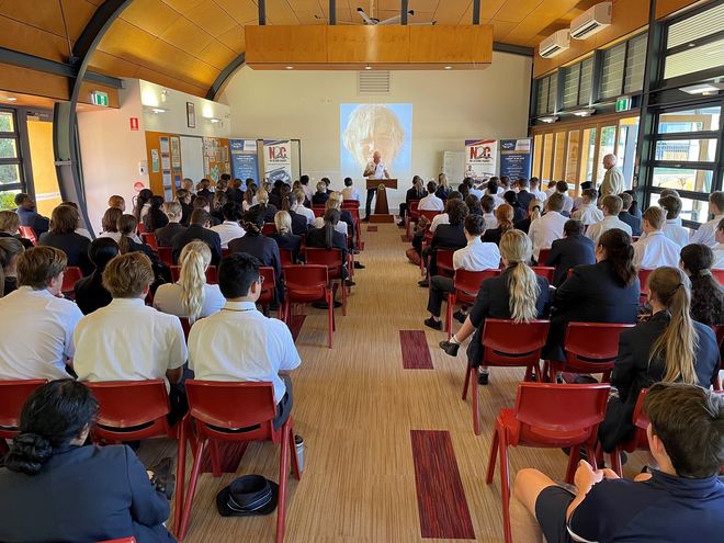 Paul Stanley speaks to the students at Assisi Catholic College