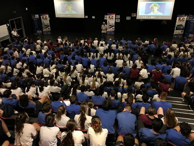 Paul Stanley talks with the students at Brisbane State High School